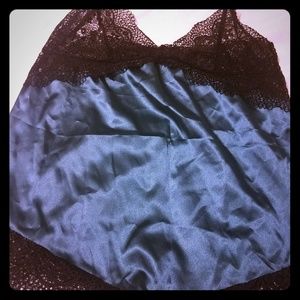 Teal and black lace edged chemise with g-string
